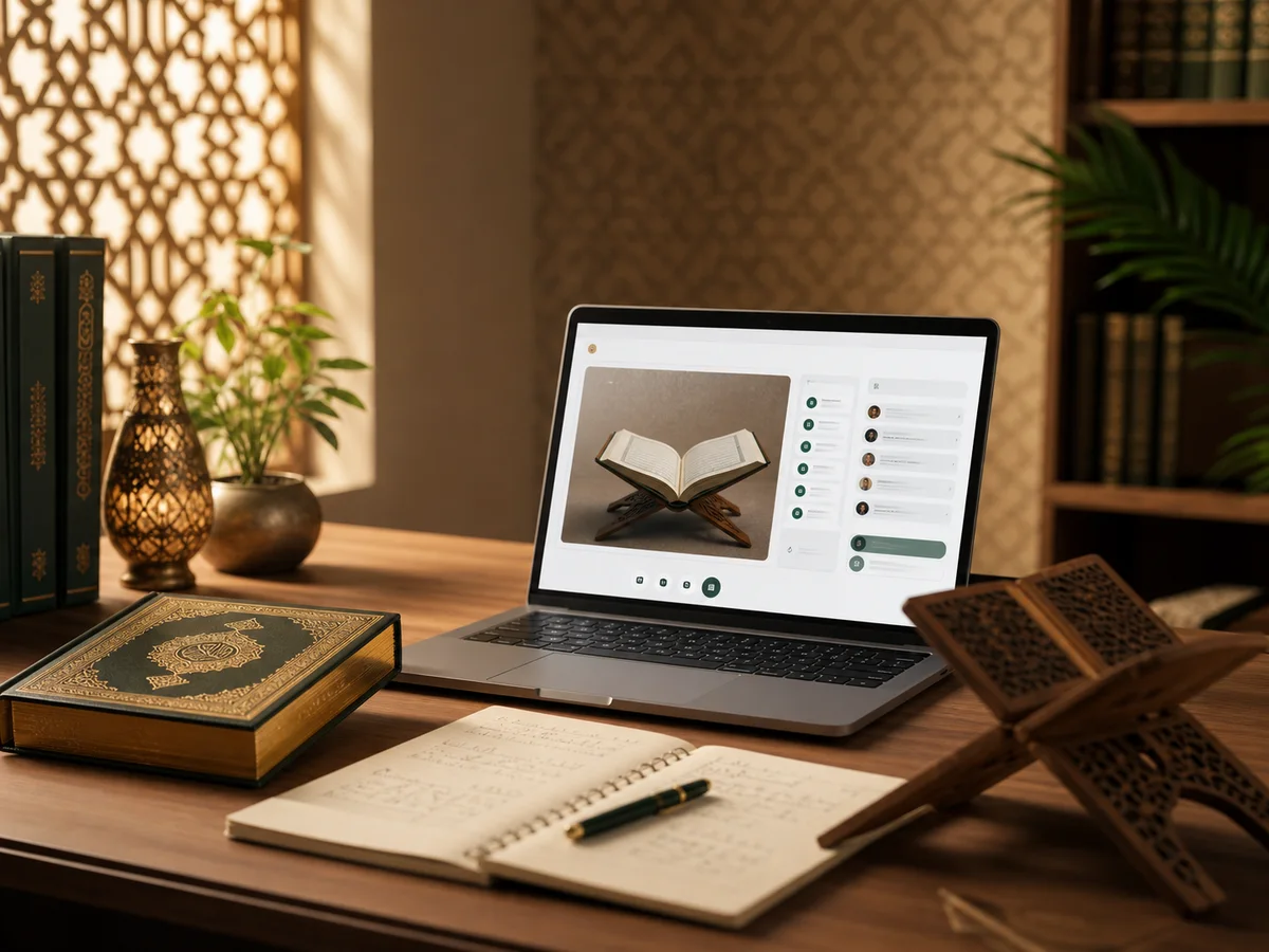 Nūr Academy online Quran and Islamic studies curriculum Online Quran course study desk with laptop, Mushaf and learning materials