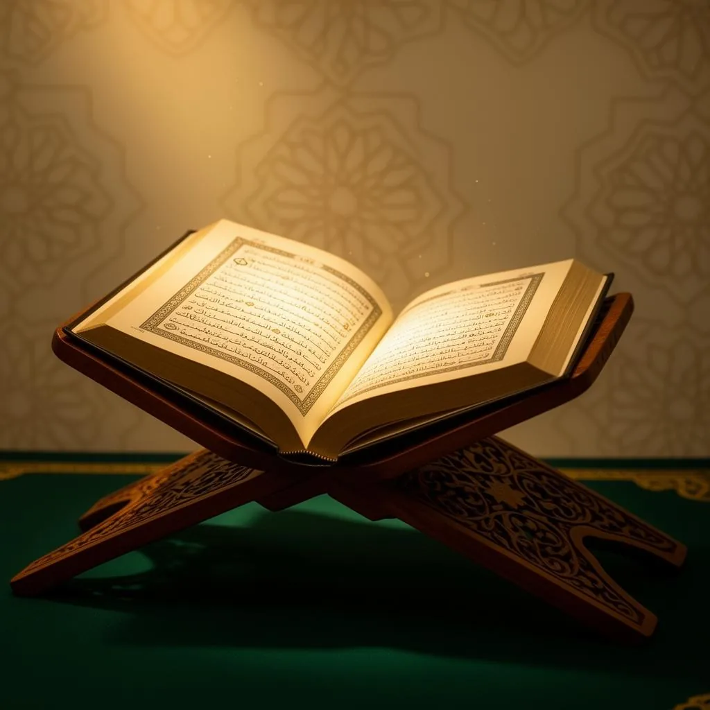 Online Quran recitation and Tajweed lessons Open Quran on a wooden rehl for online Quran recitation and Tajweed lessons